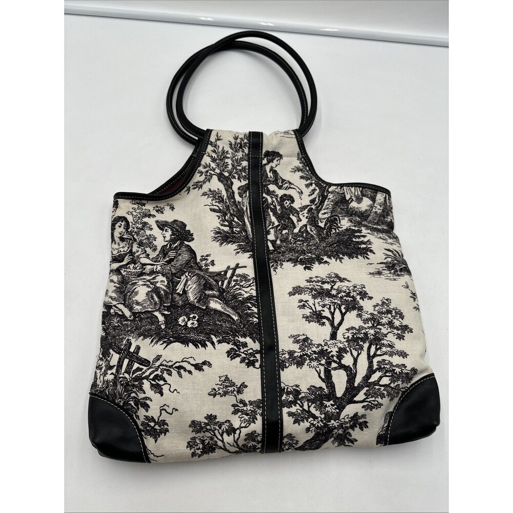 J Jill Woven black and white toile de Jouy pastoral scene print Tote Bag Vintage